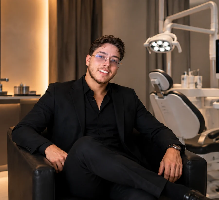 El Dr. Juan Sebastián Aguilera en su consultorio, junto al sillón odontológico