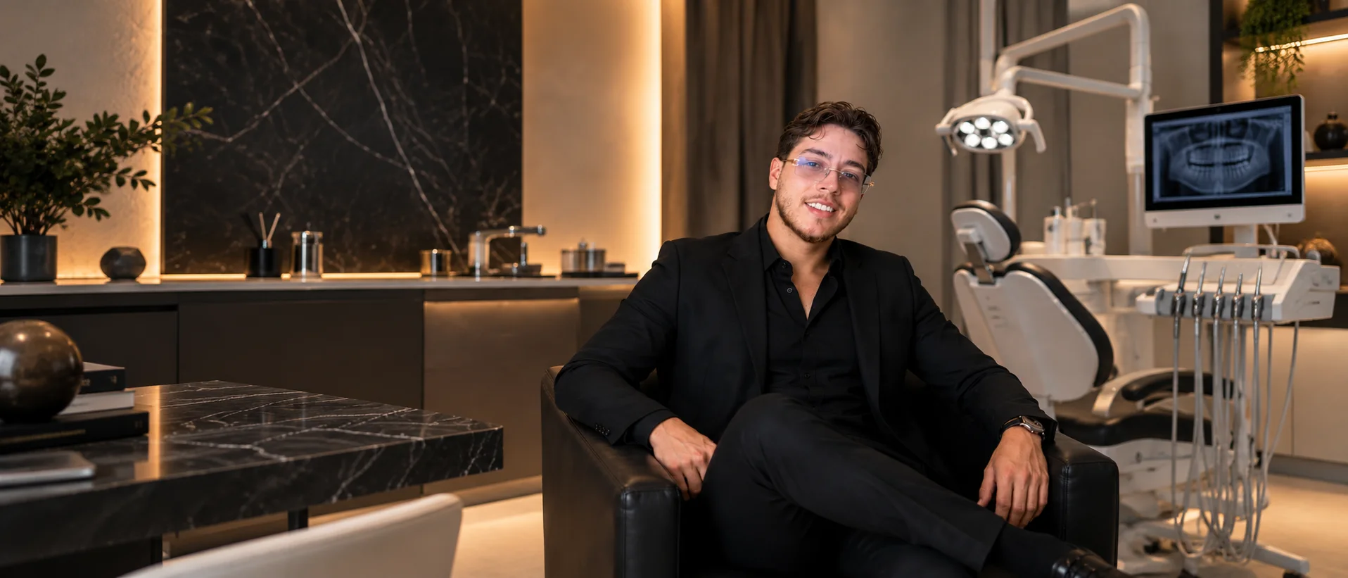 El Dr. Juan Sebastián Aguilera en su consultorio, junto al sillón odontológico